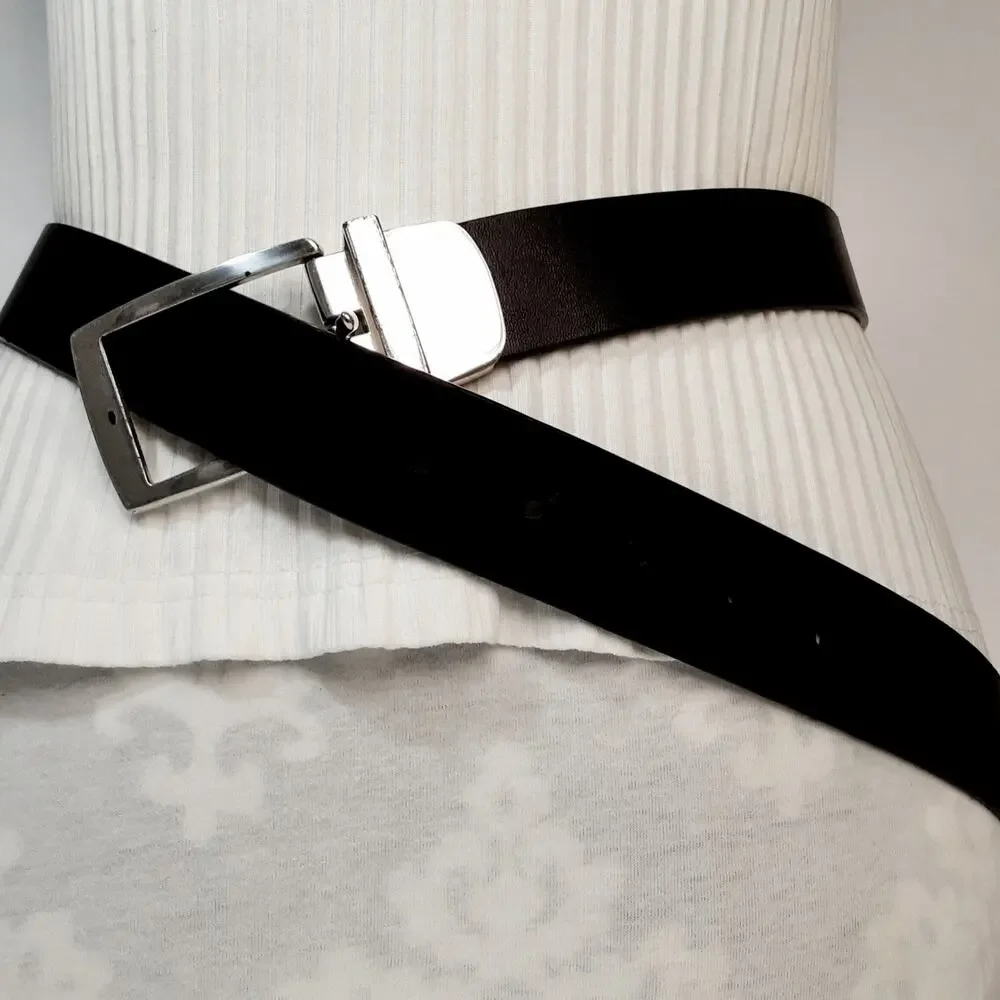 Coldwater Creek Black Wide Leather Belt Size Medium Geometric Buckle Basic